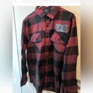 Naruto Shippuden Flannel Shirt Red Black Plaid Anime Graphic Long Sleeve